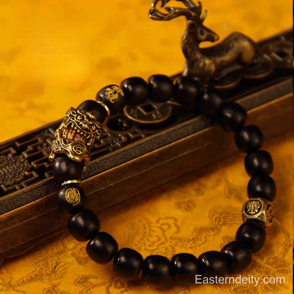 Pulsera de madera Pixiu oriental alcanzada por el trueno – Ziwei y mantra de la luz dorada