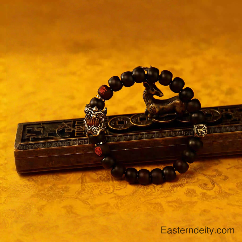 Pulsera de madera Pixiu oriental alcanzada por el trueno – Ziwei y mantra de la luz dorada