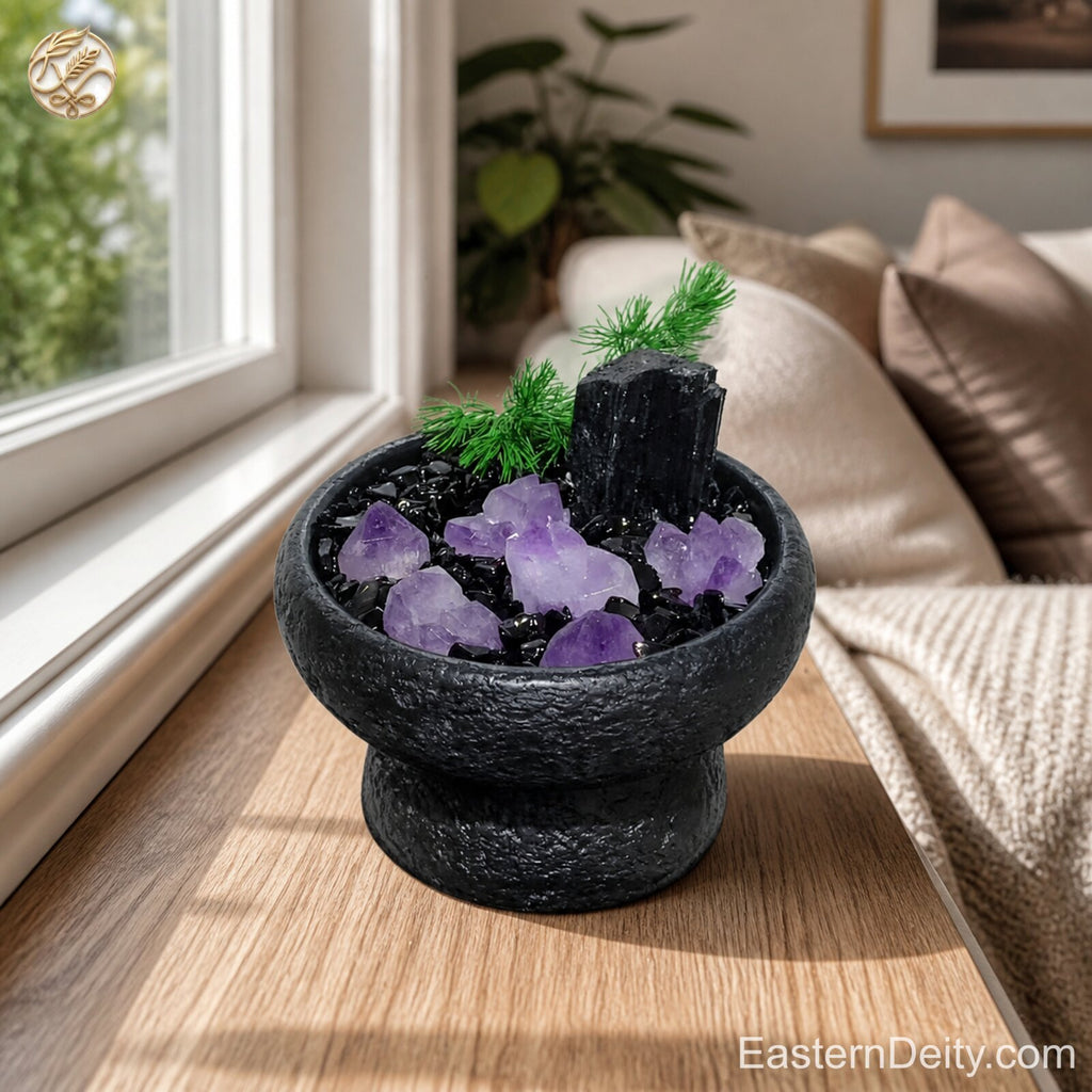Natural Amethyst Crystal & Botanical Bowl — Aromatherapy Centerpiece