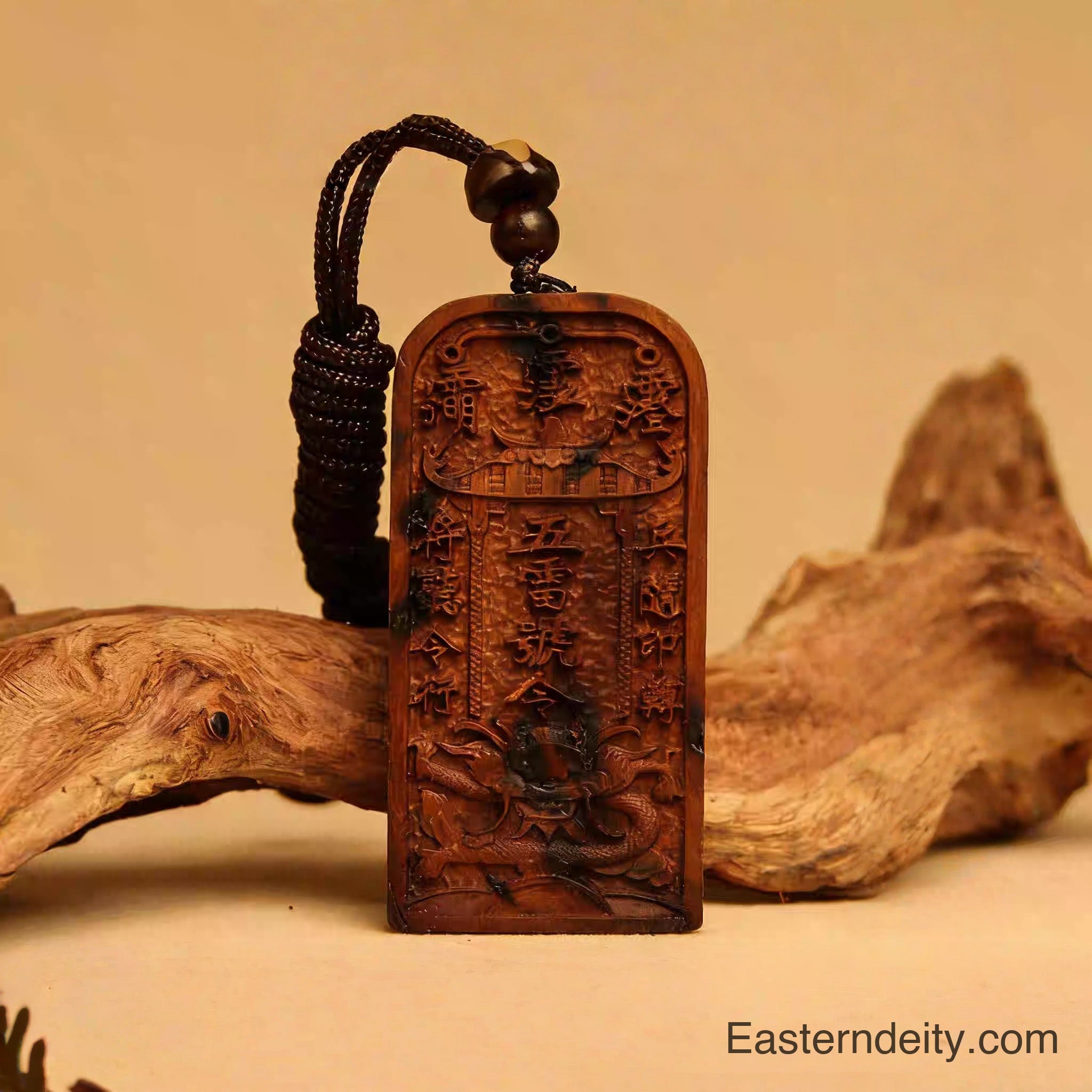 Colgante de mando de cinco truenos de madera con diseño de trueno oriental – Grande