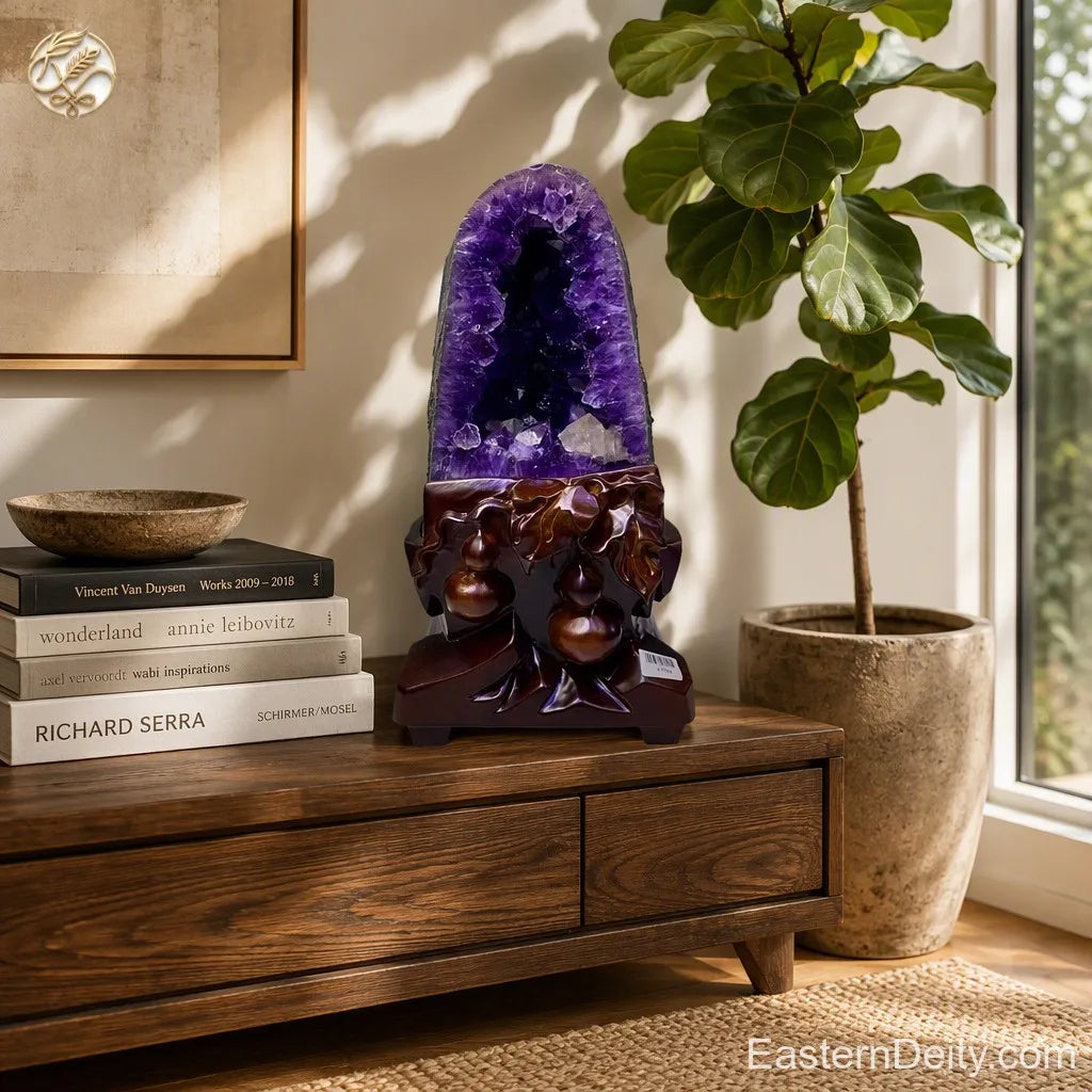 Natural green rind amethyst geode on cabinet display