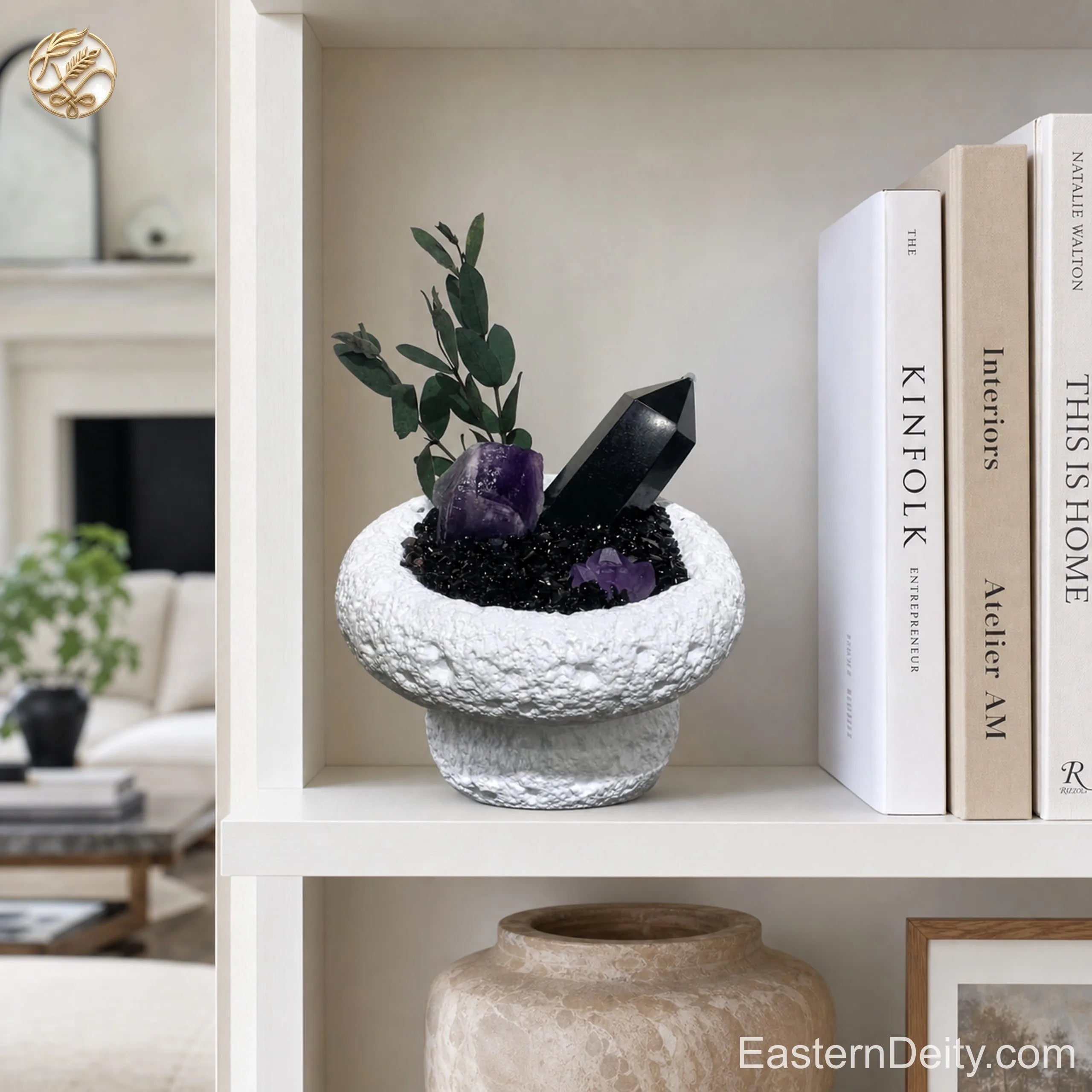 Natural Amethyst Crystal & Botanical Bowl — Aromatherapy Centerpiece