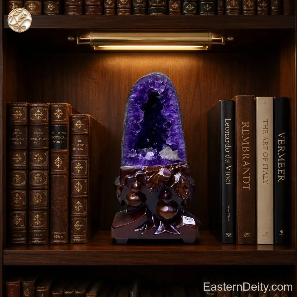Natural green rind amethyst geode on bookshelf