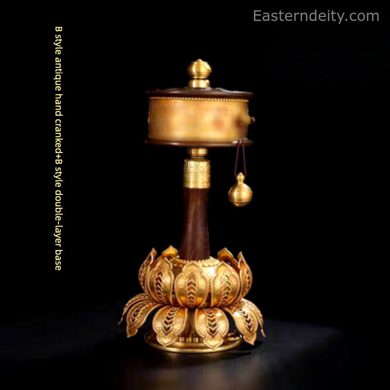 Set di ruote di preghiera himalayane in rame puro e legno forgiate a mano - Oggetto decorativo da collezione