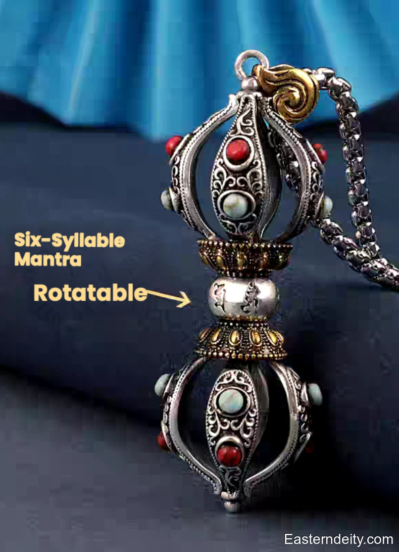 Tibetan Pure Copper Vajra Pendant — Five-Pronged, Cross & Six-Syllable Mantra