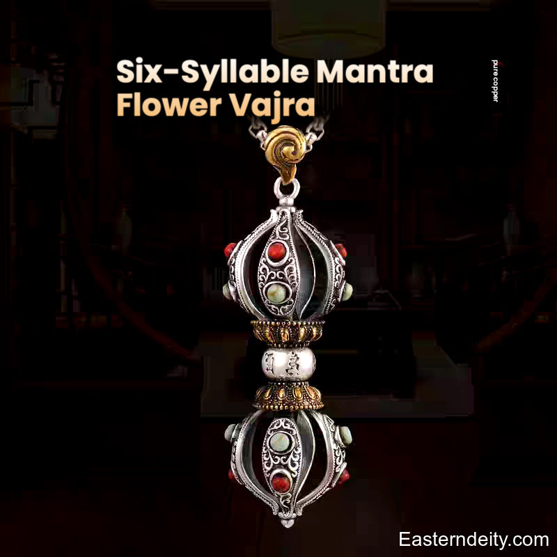 Tibetan Pure Copper Vajra Pendant — Five-Pronged, Cross & Six-Syllable Mantra