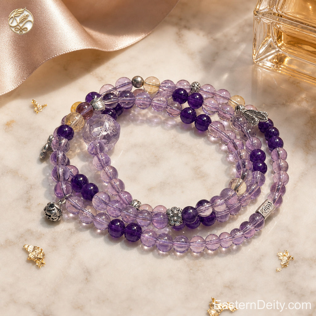 Amethyst Mala Bracelet — Triple Strand with Silver Charms