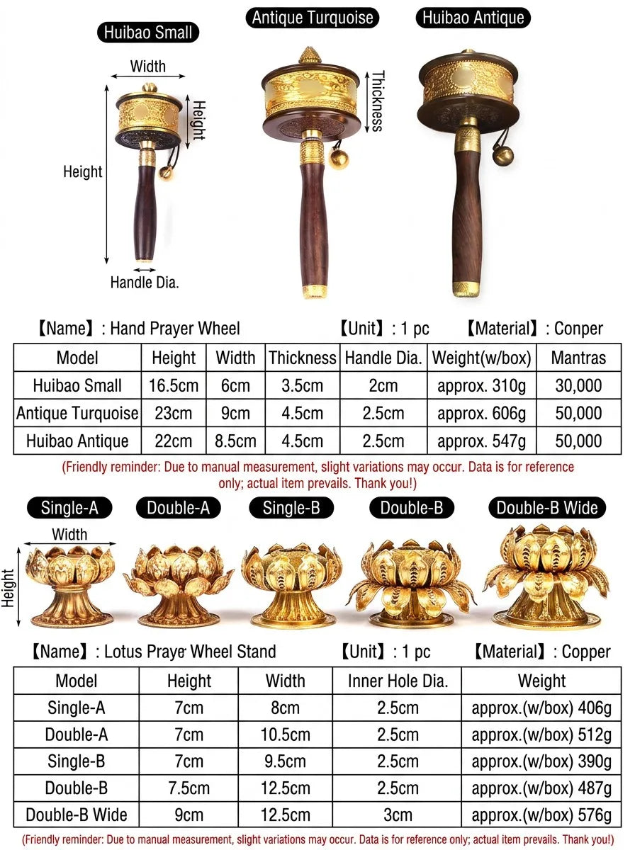 Himalayan Hand-Forged Pure Copper & Wood Prayer Wheel Set — Decorative Collectible