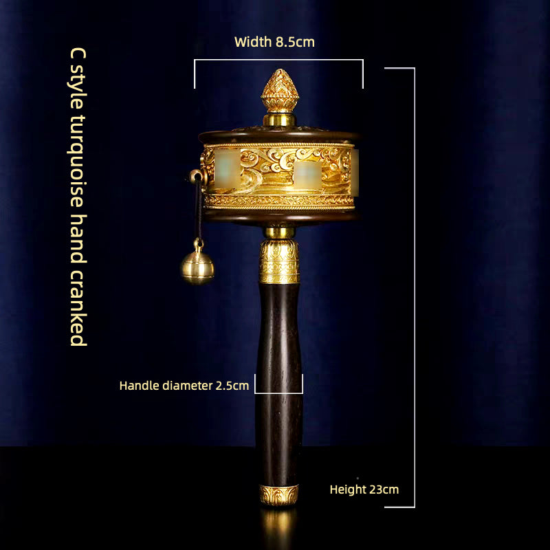 Set di ruote di preghiera himalayane in rame puro e legno forgiate a mano - Oggetto decorativo da collezione