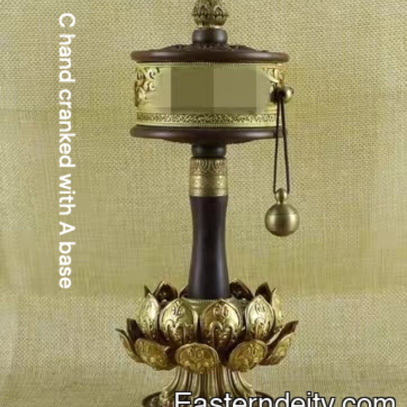 Set di ruote di preghiera himalayane in rame puro e legno forgiate a mano - Oggetto decorativo da collezione