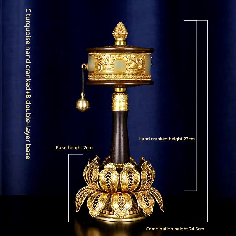 Set di ruote di preghiera himalayane in rame puro e legno forgiate a mano - Oggetto decorativo da collezione