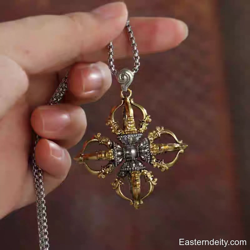 Tibetan Pure Copper Vajra Pendant — Five-Pronged, Cross & Six-Syllable Mantra