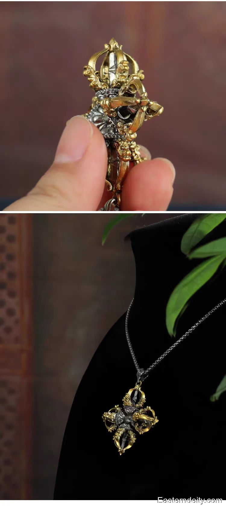 Tibetan Pure Copper Vajra Pendant — Five-Pronged, Cross & Six-Syllable Mantra
